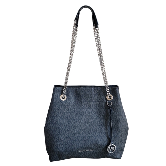 Michael Kors Silver Chain Tote Bag Black MK Logo Canvas Convertible Straps - Picture 2 of 8